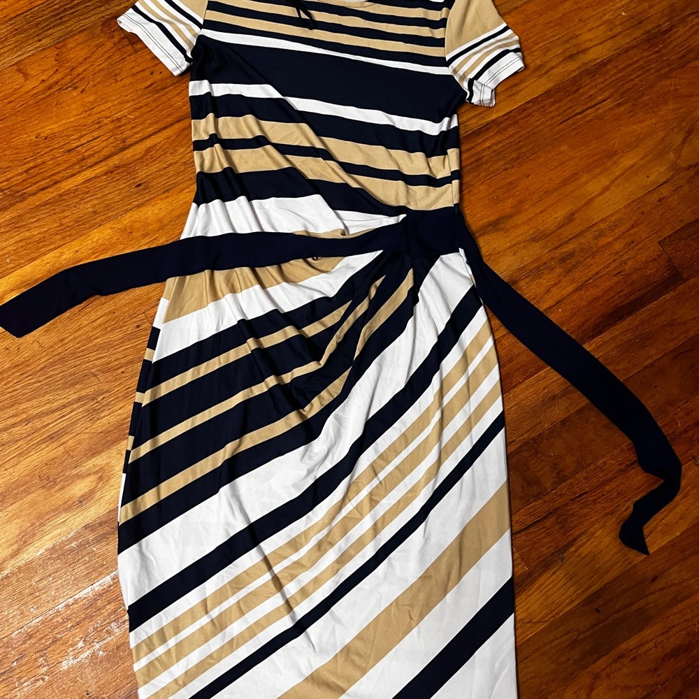 Aa Studio Navy and Tan Striped Midi Dress